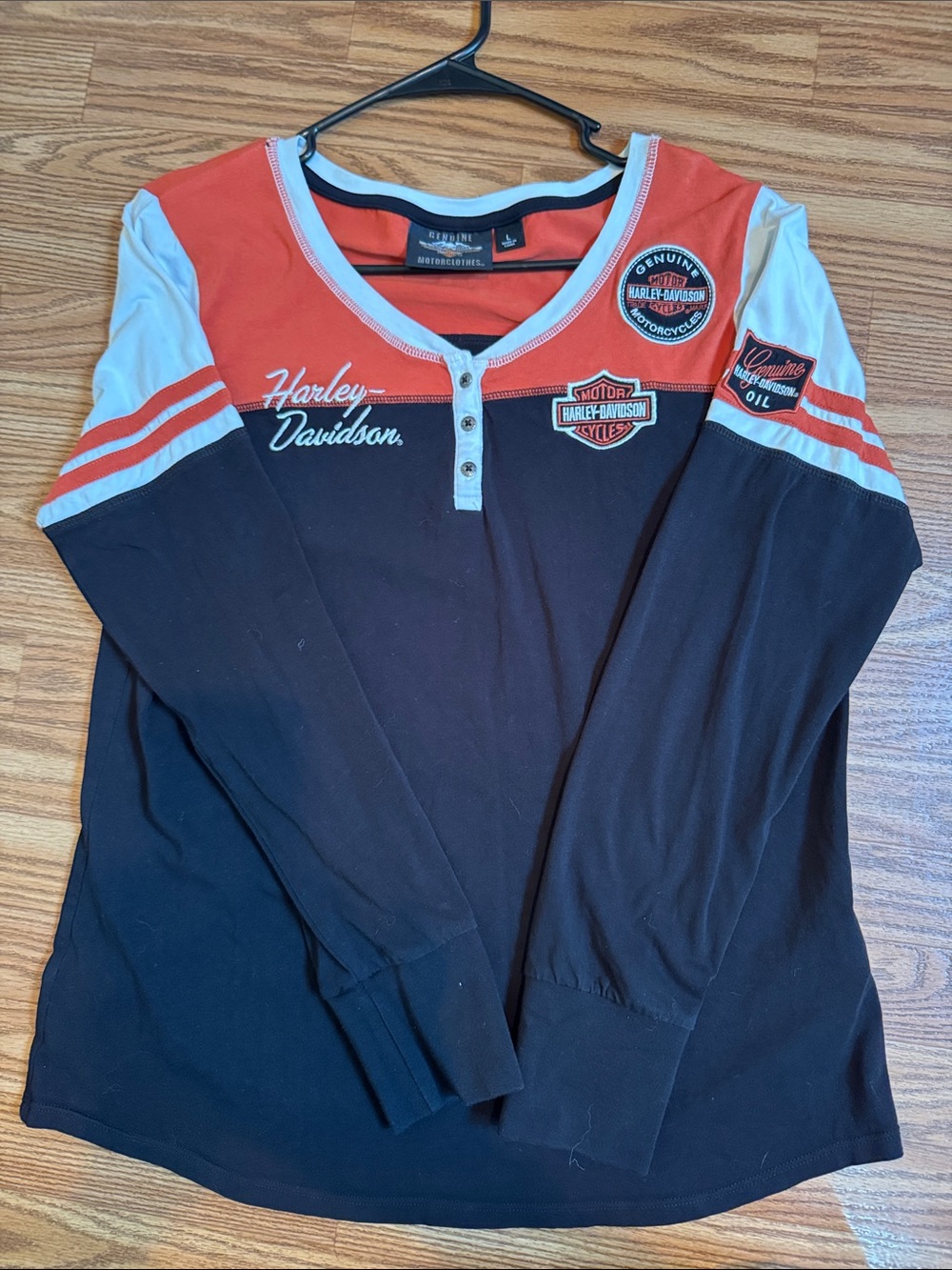 Harley-Davidson Black, Orange & White Long Sleeve Colorblock Henley